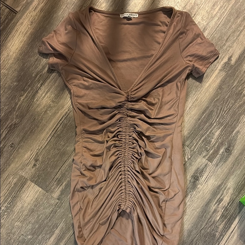 Ruched Brown Short Sleeve Dress